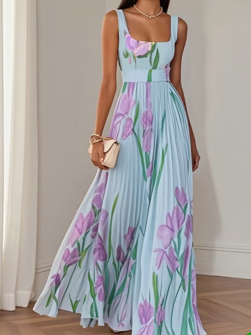 Blue Floral Pleated Maxi Dress - Elegant Summer Dress small